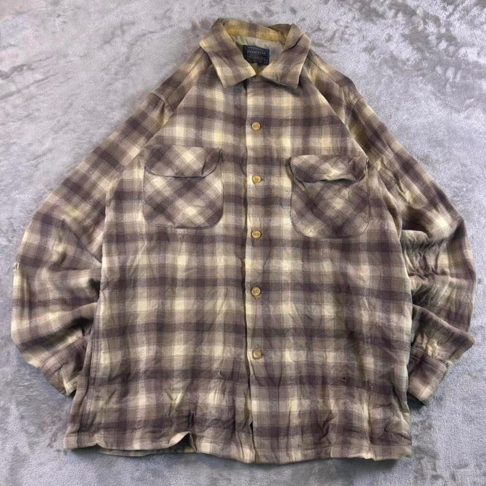 Vintage 1960s Pendleton Board Shirt Brown Tan Plaid Virgin Wool Surf Medium